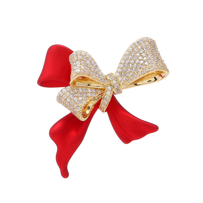 Elegant Red Bow Crystal Brooch Women's High-end Luxury Temperament Suit Versatile Corsage Exquisite Pin Accessories
