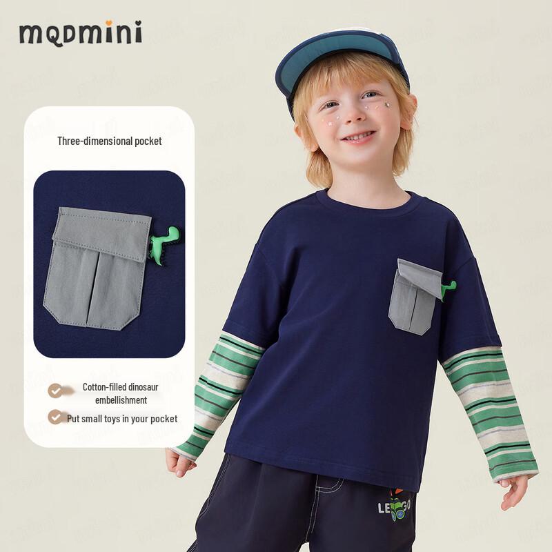 MQDMINI Boys' 3D Dinosaur Pocket Faux Two-Piece Long-Sleeve T-Shirt