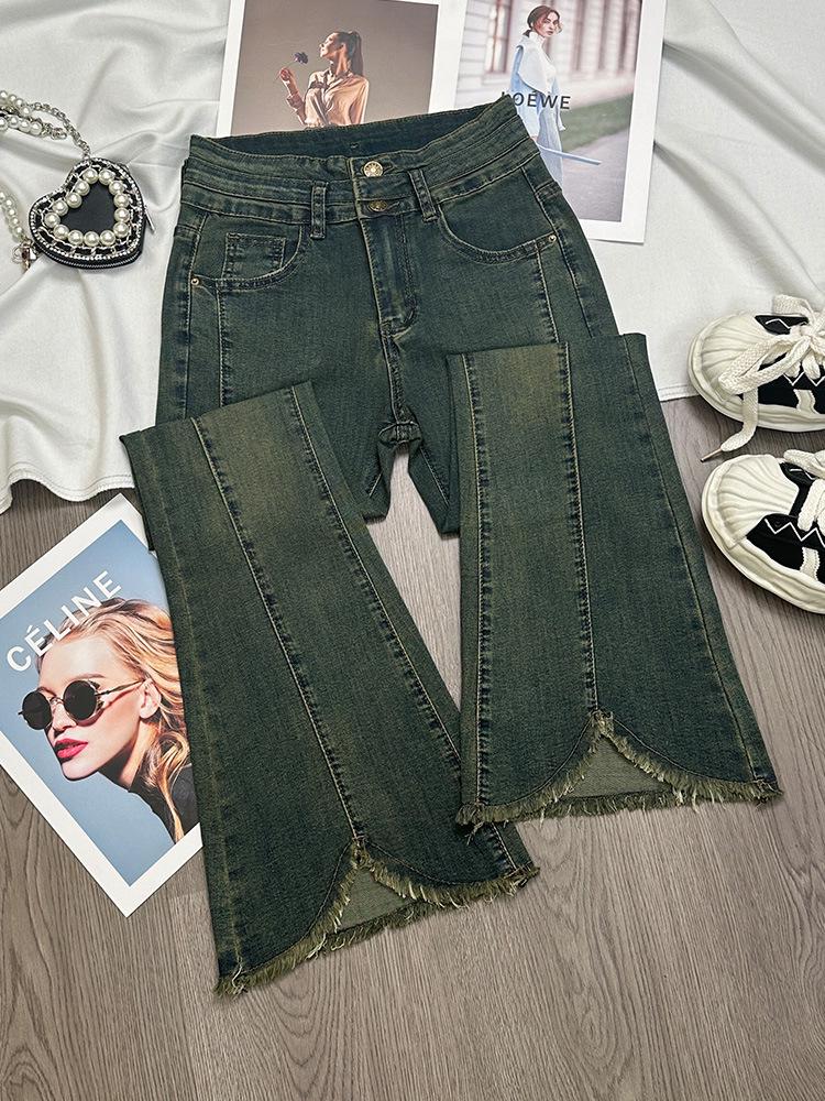 Petite High-Waisted Frayed Micro-Flare Jeans - Elastic Slimming Bodycon Bell Bottoms for Spring & Autumn