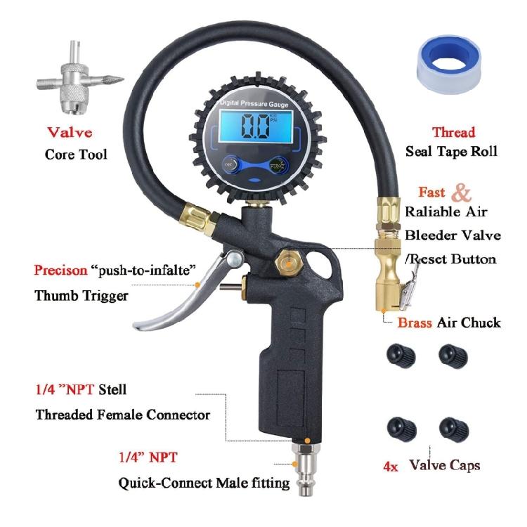 Lighted Tire Pressure Inflator with Handheld Hose Tool for Routine Car and Motorcycle Air Filling and Tire Care