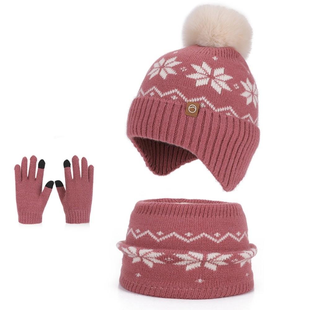 Polyester Winter Knitted Hat Warm Ear Flap Kids Snowflake Beanie for 2/3 Piece Set For Boys Girls