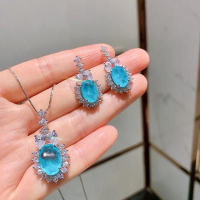 Jewelry Retro Simulation, Blue Paraiba Jewelry Set Stud Earrings Main Stone 8 * 12 Pendant 10 * 14