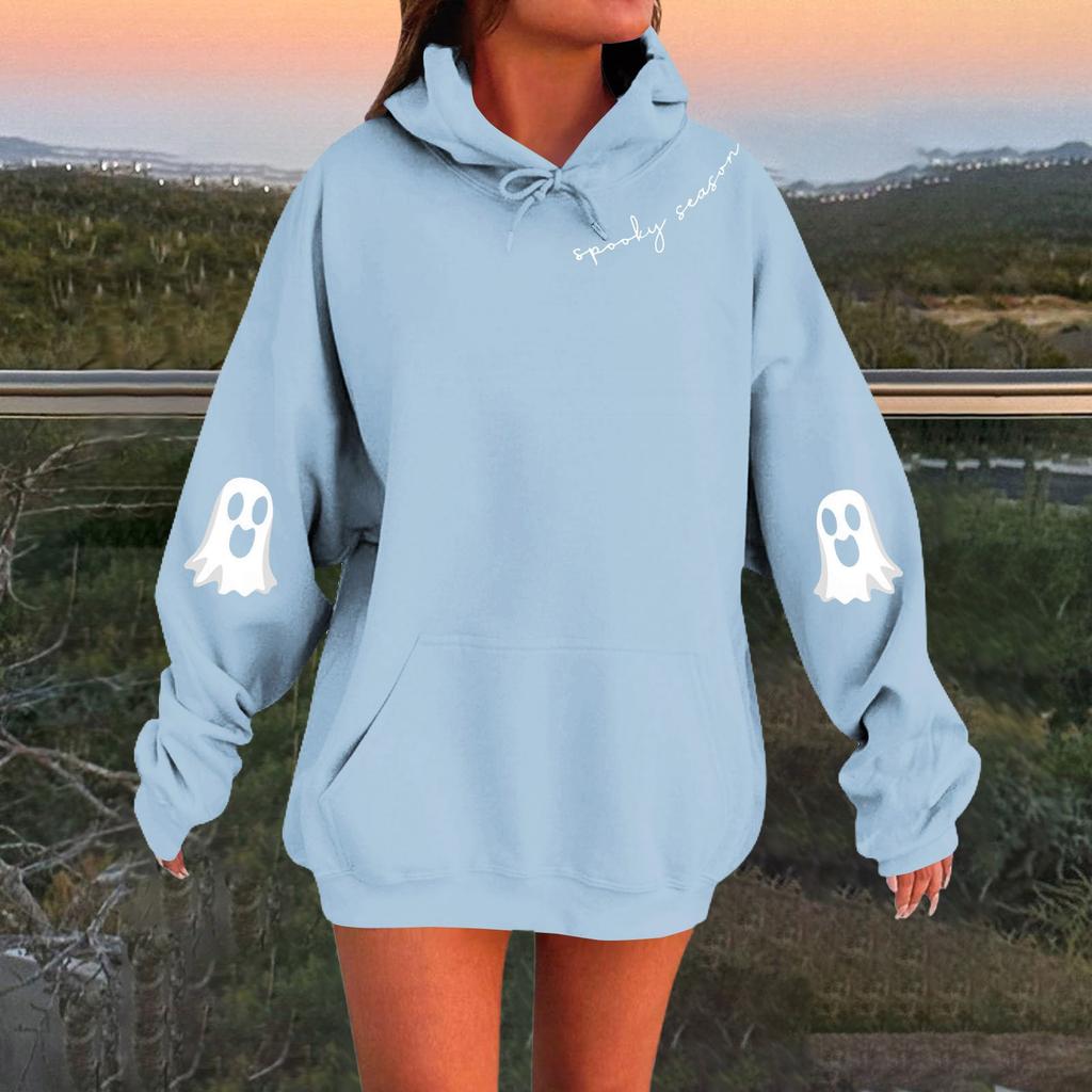 Women's Solid Color Long Sleeve Casual Halloween Print Pullover Hooded Sweatshirt