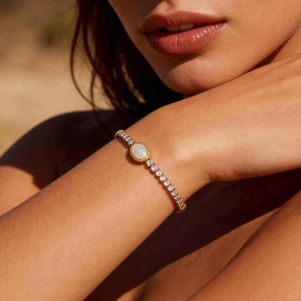 Dainty Moonstone Tennis Bracelet for Women Stainless Steel CZ Crystal Chain Bracelets Zircon Vintage Jewelry Gift for Her