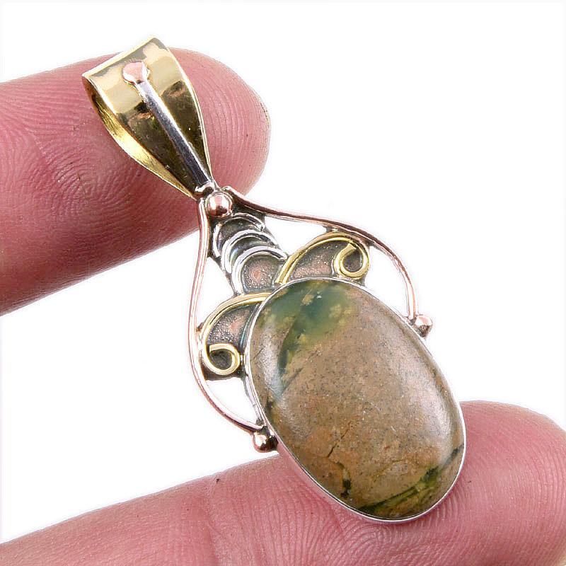 

Natural Rhyolite Gemstone 925 Solid Sterling Silver Two Tone Pendant 1.5 a8u23