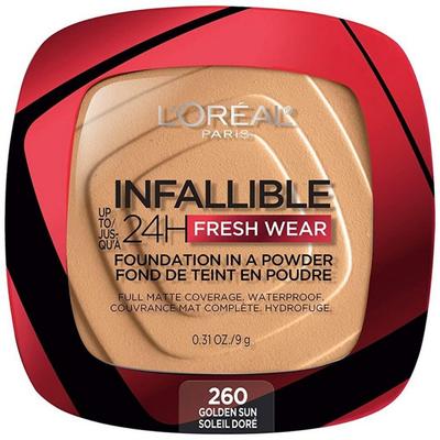 L'Oréal Paris Makeup Infallible Fresh Wear Foundation Powder součástí balení, výdrž až 24 hodin, voděodolná slonovina 8,8 g, Golden Sun