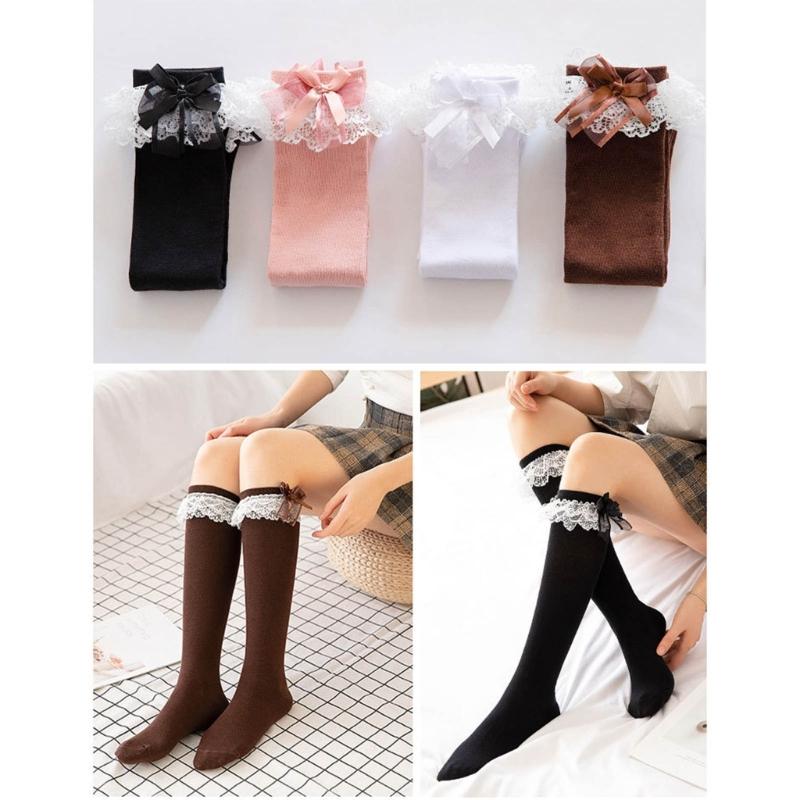 Women Japanese Style JK Ruffle Lace Trim Calf Long Socks Sweet Bowknot Princess Cotton Knee High Socks Stockings Hosiery