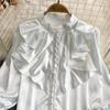Flare Long Sleeve Standing Collar Ruffled Blouse Women Vintage White Acetate Satin Shirt French Style Loose Lady Tops 29939