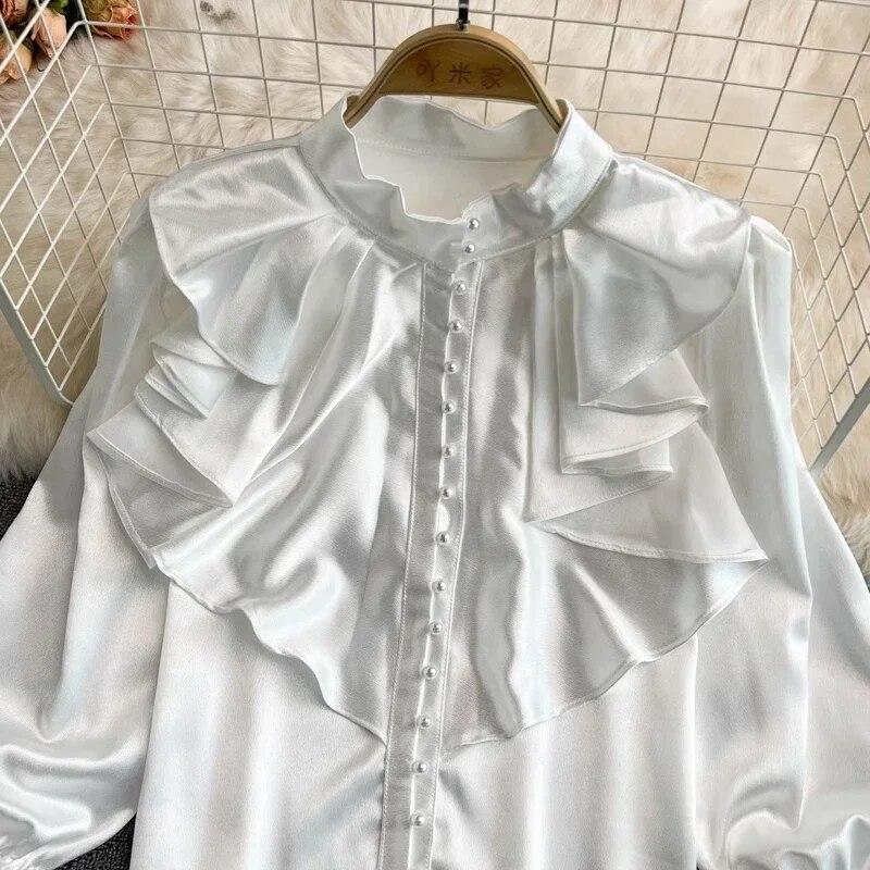 Flare Long Sleeve Standing Collar Ruffled Blouse Women Vintage White Acetate Satin Shirt French Style Loose Lady Tops 29939