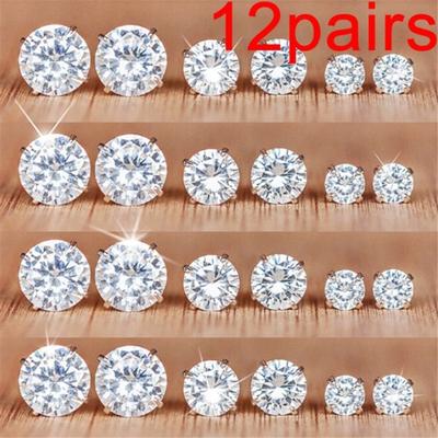 24pcs Classic Simple Silver Color Crystal Stud Earrings for Women Luxury Shiny Zircon Men Earring Pearl Jewelry Set Gift
