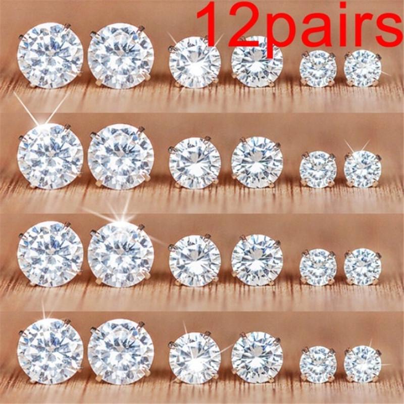 

24pcs Classic Simple Silver Color Crystal Stud Earrings for Women Luxury Shiny Zircon Men Earring Pearl Jewelry Set Gift