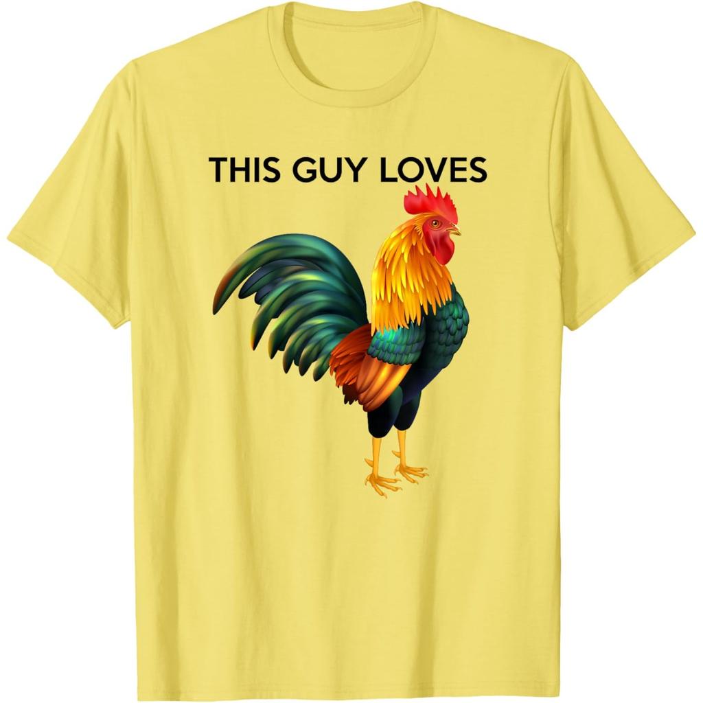 Funny Rooster Graphic Tee This Guy Loves Chicken Print Casual Cotton T-Shirt