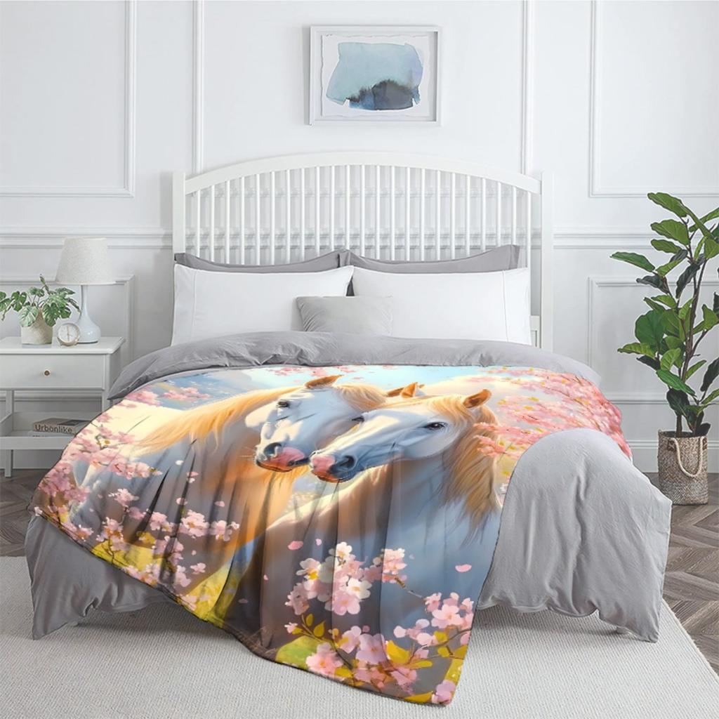 Cherry Blossom Horses Fleece Blanket Romantic Spring Scene Soft Flannel Throw Cover Artistic Animal Print Home Decor Gift for