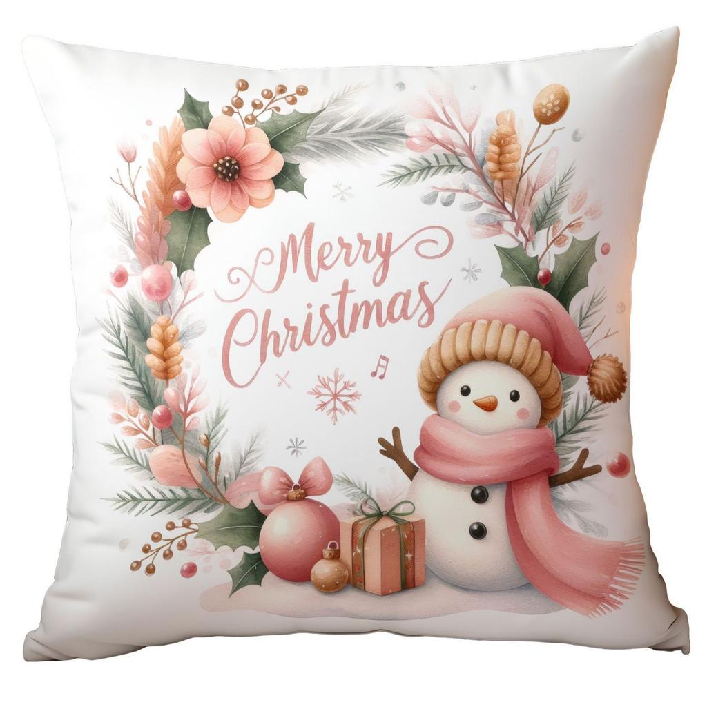 Christmas Pink Snowman Short Plush Pillow Cover Car Printed Sofa Cushion Home Pillow Cover Premium Durable Quality