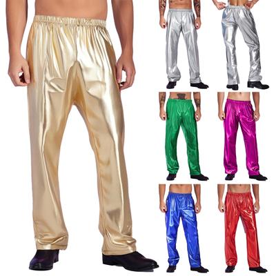 Mens Metallic Pants Elastic Waistband Jazz Dance Costume Halloween Party Stage Performance Trousers