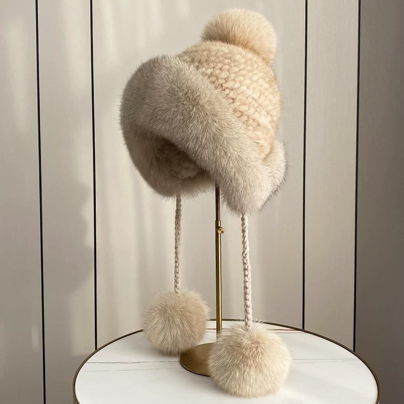 New Winter Warm Mink Hair Woven Fox Hair Ear Protection Fur Hat Female Cute Real Hair Ball Snow Hat