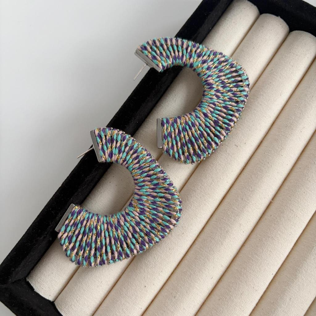 High-End Retro Versatile Ear Cuffs: Colorful Woven Hoops with 925 Silver Studs