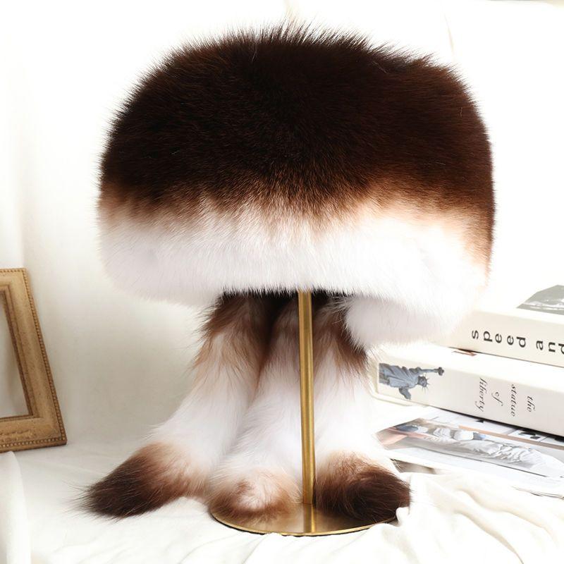 

Шапка з лисячого хутра Жіноча Зимова Норкове хутро Національний стиль Монгольська шапка Навушники з натуральної шкіри Лижна шапка M（56-58cm）