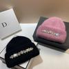 2024Mode Damen Wintermütze Echtes Kaninchenfell Gestrickte Mützen Diamanten Blume Damen Freizeit Hüte Warme Wolle Skullies Beanies