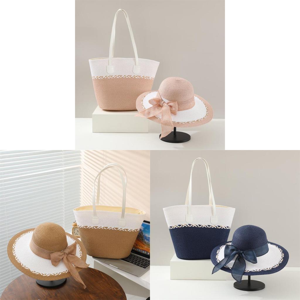 Summer Straw Hat And Bag Set With Large Brim For Beach Travel And Sun Protection