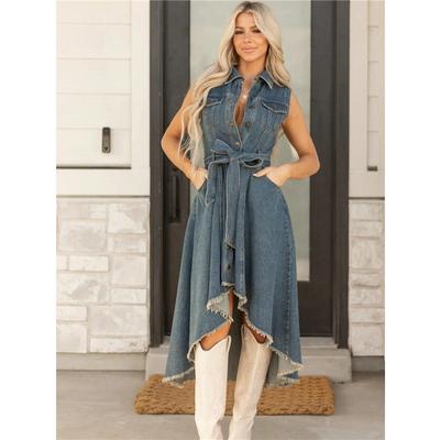 Fashionable Denim Dress Sleeveless Unique Irregular Fringe Design Casual Summer Dress For Women Stylish Everyday Wear