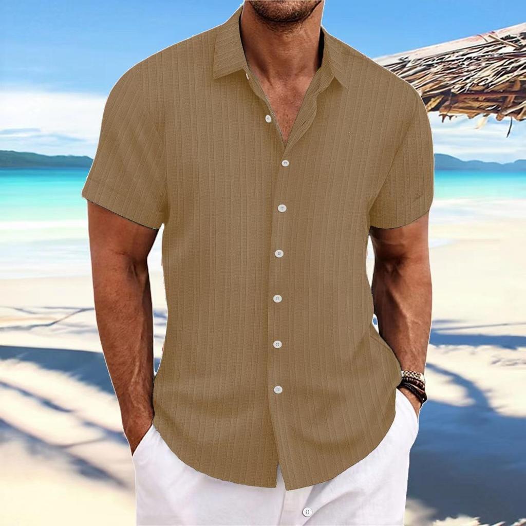 Herren Baumwolle Leinen Gestreift Atmungsaktiv Jacquard Kurzarm Freizeithemd