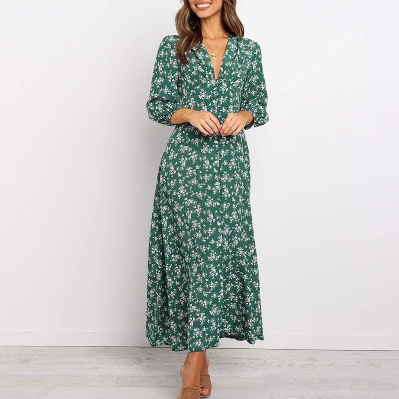 Abiti autunnali da donna in chiffon con stampa a V, maniche lunghe e vita alta