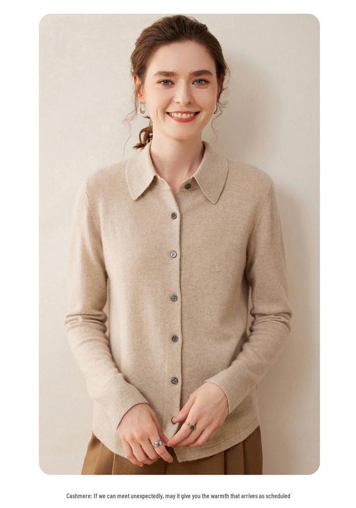Elegant Women's Cashmere Knit Polo Collar Cardigan - Long Sleeve, Loose Fit, Versatile and Warm.