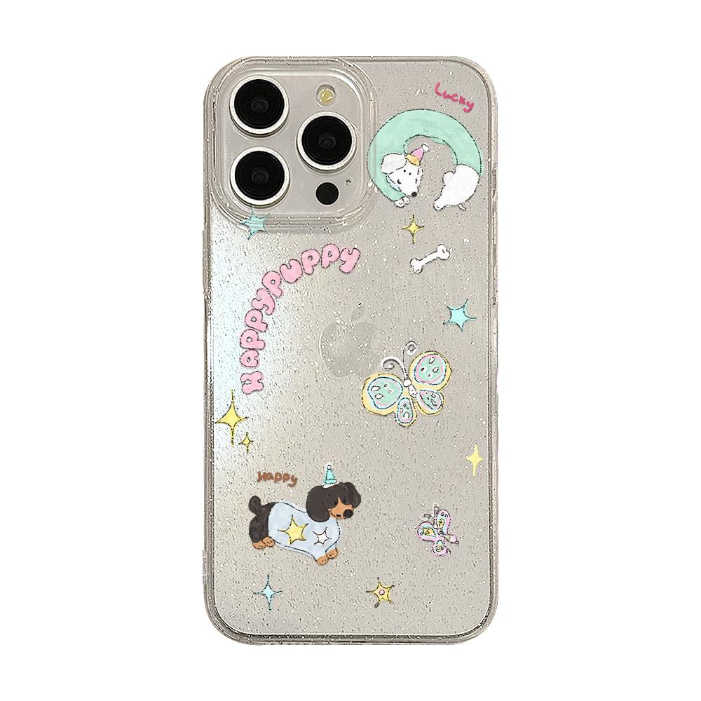 Japanese and Korean Ins Butterfly Dachshund Dog Stand Apple 16 Mobile Phone Case 15 Flash Powder Iphone14pro Max Suitable for 11