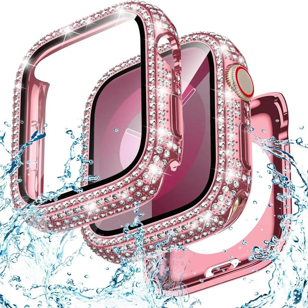 Bling Glass+Cover Case Diamond PC Bumper+Screen Protector For Apple Watch 45mm 44mm 40 41mm Iwatch Series 10 46mm 42mm 9 8 7 5 6