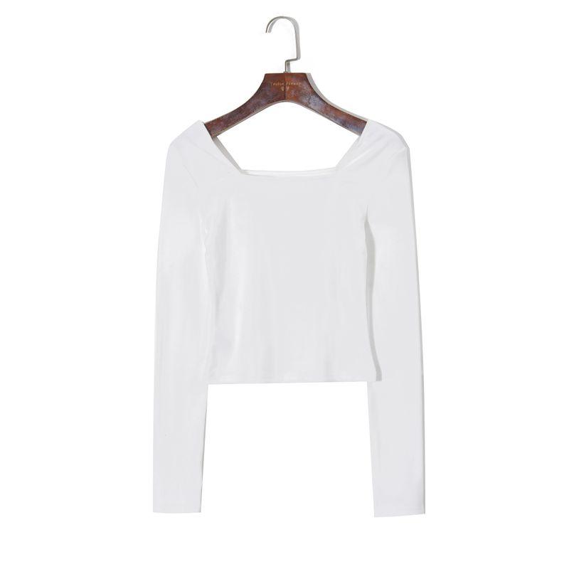 

2025 Women s Spring Clothing K-style Minimalist Pure Color Elegance Square Collar Pullover Long Sleeves Silm Stretch Plaid Short T-shirt White S