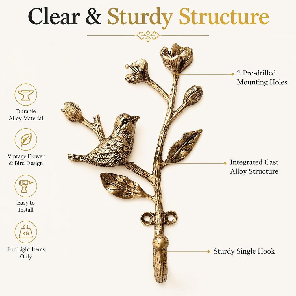 Golden Vintage Floral Branch-and-Bird Decorative Alloy Wall Hook Small Bird Hook — Style C