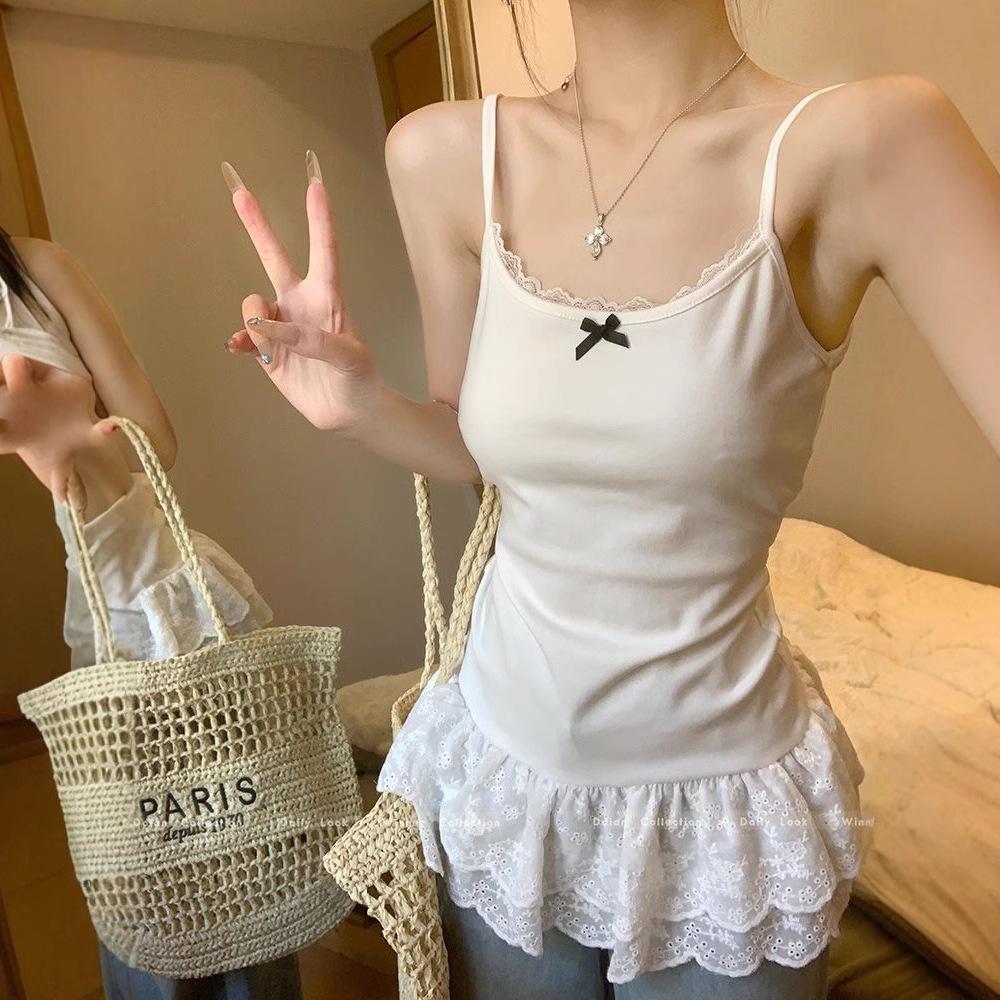 Women's White Bow Strap Layered Tank Top with Lace Trim - Spring/Summer 2025 Collection