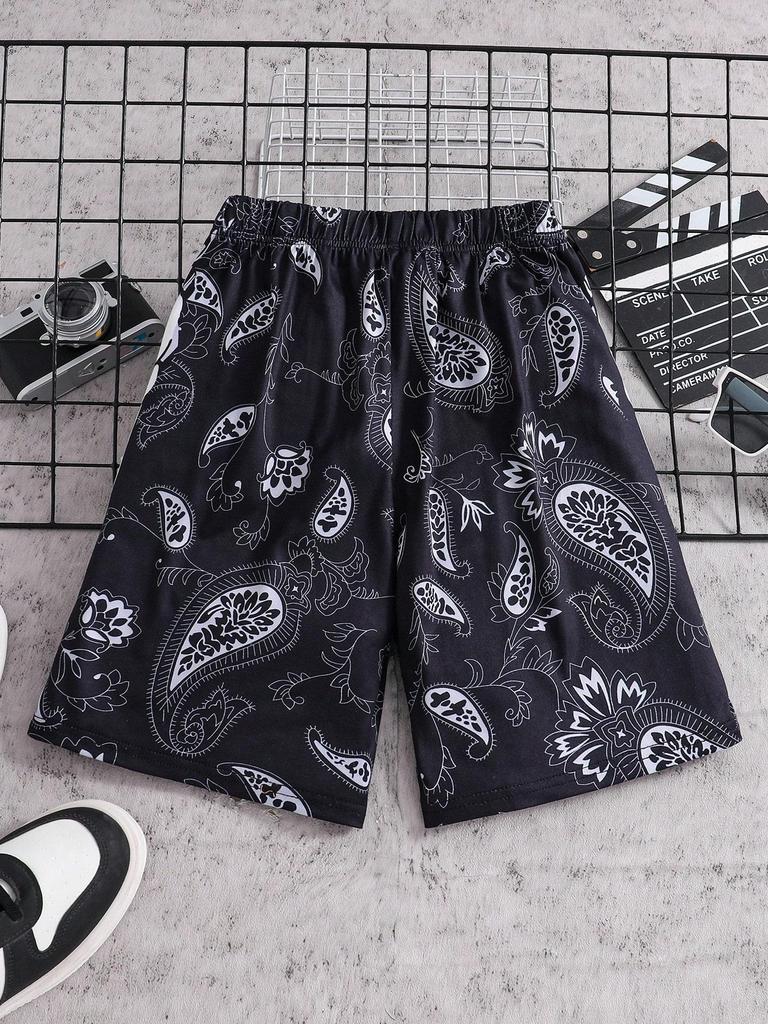 Single-piece Boys' Street Style Hip-hop Skull Hand Letter Paisley Pattern Shorts, Spring/summer Style.