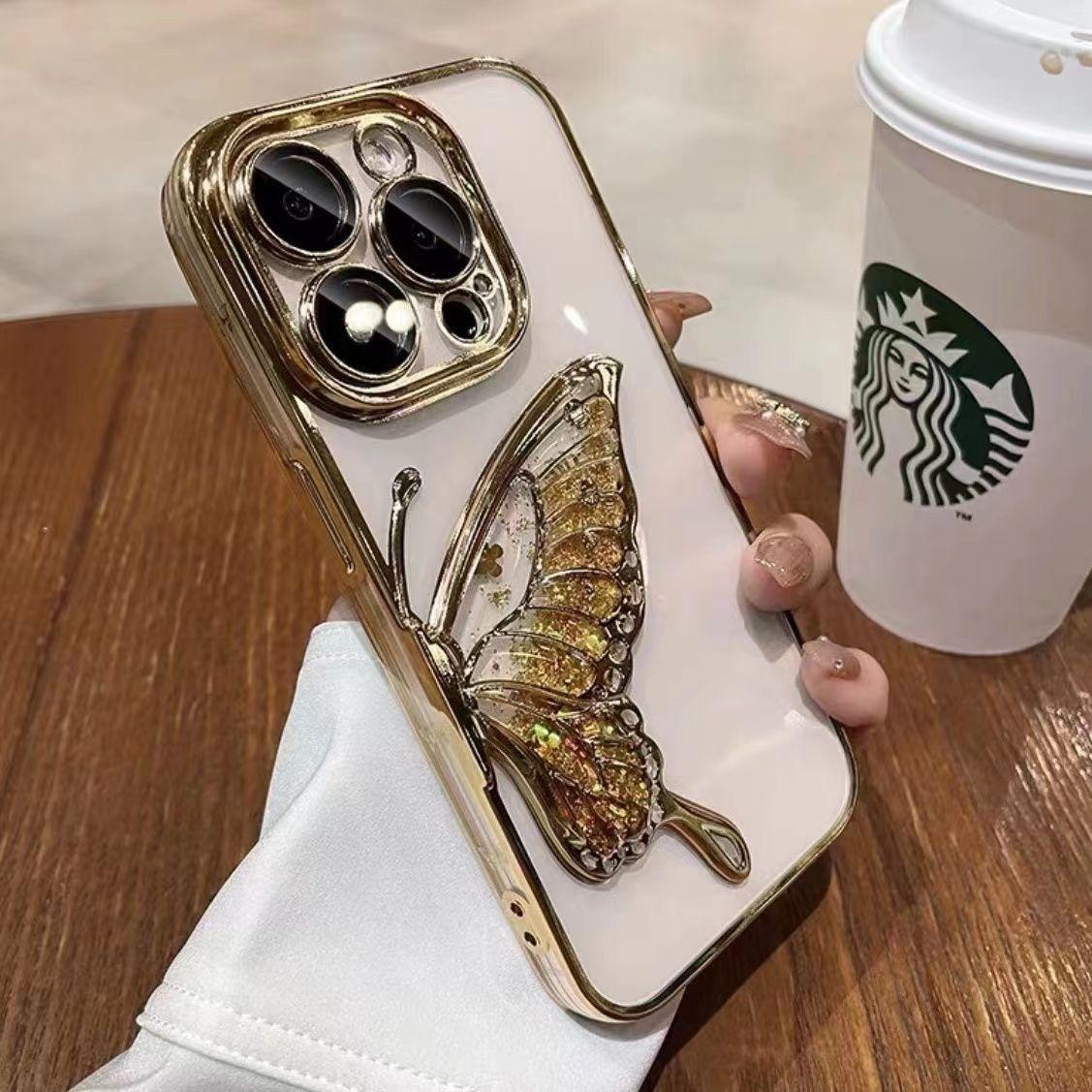 

Гальваническое покрытие Зыбучий песок Бабочка Подходит для Apple 15promax Чехол для мобильного телефона Iphone16pro Прозрачный Роскошный Модный Женский Apple 11Promax