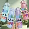 1PC Smile And Be Happy Pastel Lettering Print 750ml Color Plastic Sports Water Bottle Leakproof Flip Straw Lid Suitable for Sports Office Home Use