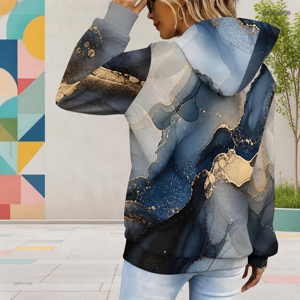 Women Plus Size Black Drawstring Hoodie Long Sleeve Blue Peony Tree Print Pullover Kangaroo Pocket
