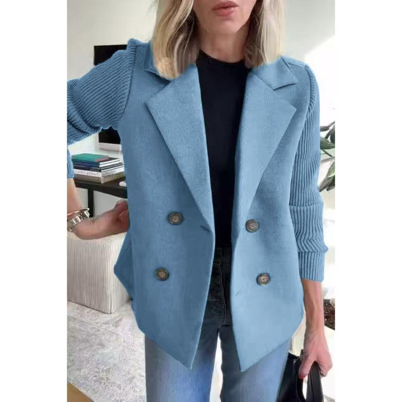Fall Suit Collar Casual Coat Women Knitted Long Sleeve Tweed Office Jacket Blend Wool Coat Double Breasted Blazer Female Lapel