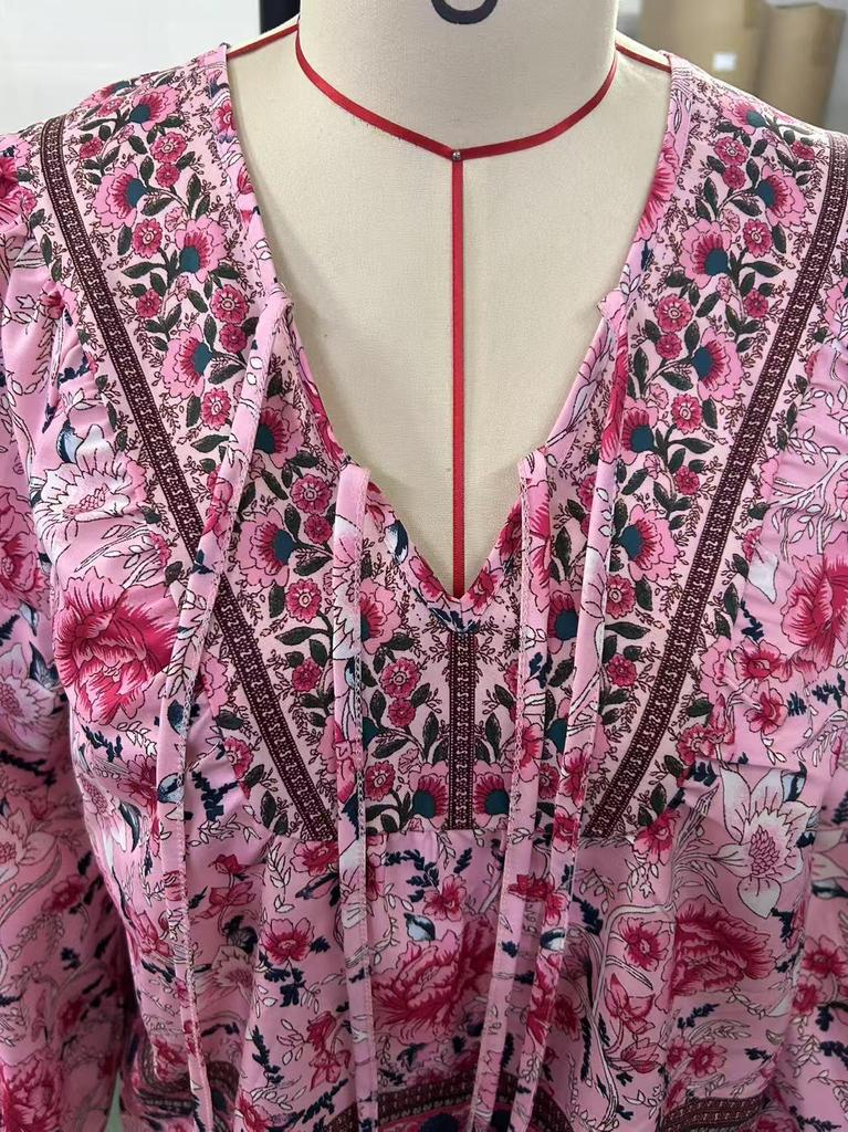 2025 Spring/Summer Bohemian V-neck Tie-Up Long Sleeve Women's Top