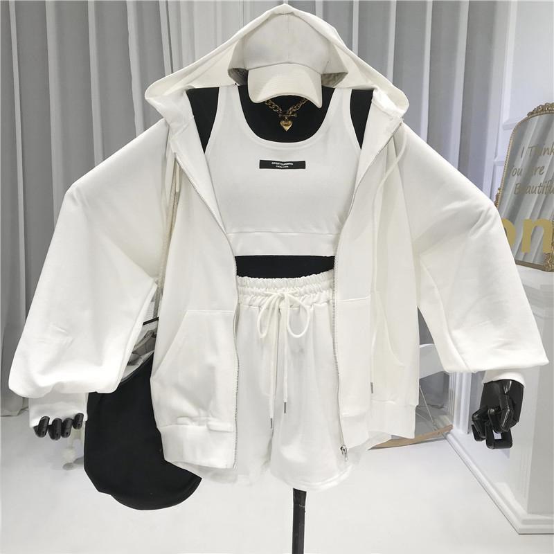 Casual Women Coat Drawstring Shorts Vest Set Breathable Women Hoodie Pocket Design Zipper Closure Female