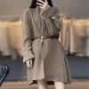 Women Sweater Coat Lapel Long Sleeve Open Front Knitting Cardigan with Large Pockets Solid Color Loose Fit Mid-length Outwear