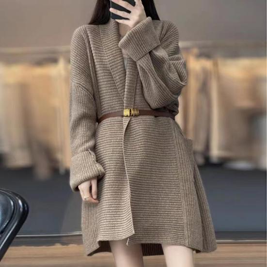 Women Sweater Coat Lapel Long Sleeve Open Front Knitting Cardigan with Large Pockets Solid Color Loose Fit Mid-length Outwear