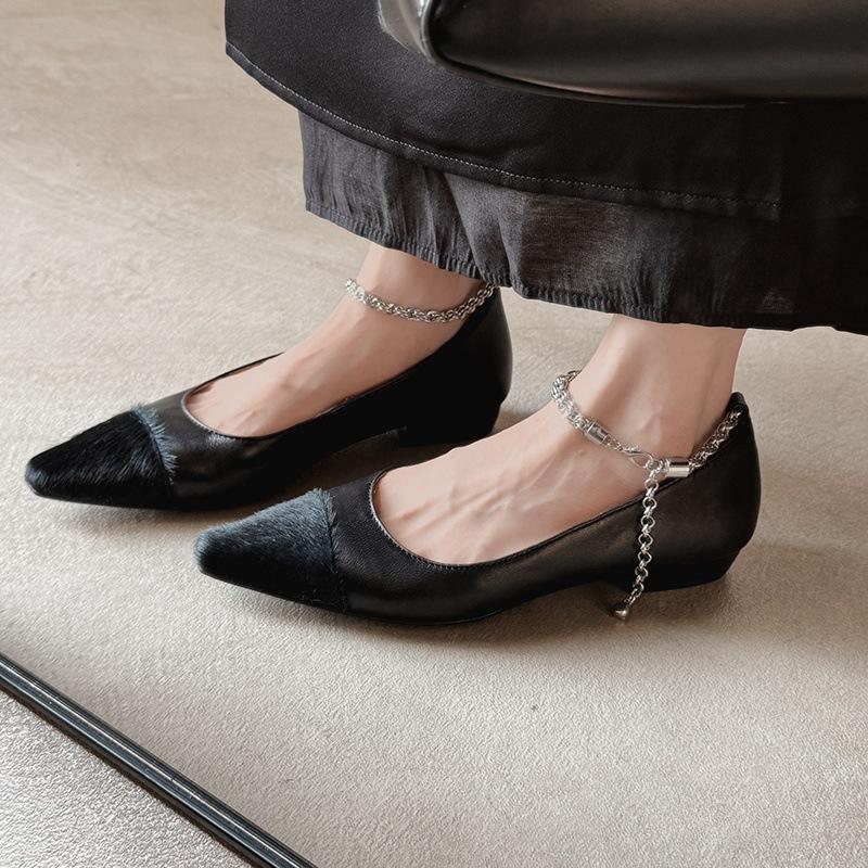 New solid color leather single shoes, four seasons women's fashion single shoes, pointed non-slip beef tendon sole, large size low heel small le