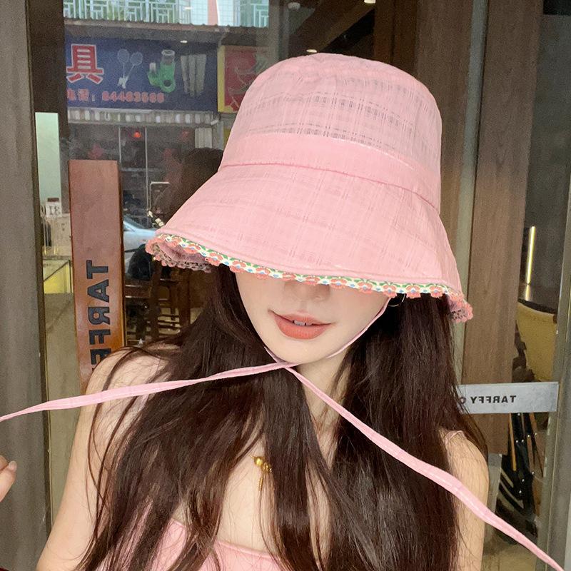 Sweet Floral Edge Bucket Hat Women's Summer Big Brim Showing Washbasin Hat Fashionable Versatile Sunshade Sunscreen Basin Hat
