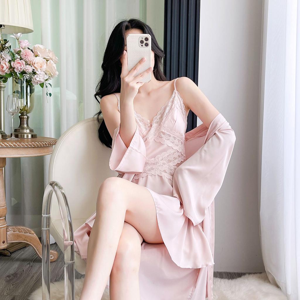 Hollow French lace suspender nightdress two-piece set ice silk silk loungewear outer morning robe support