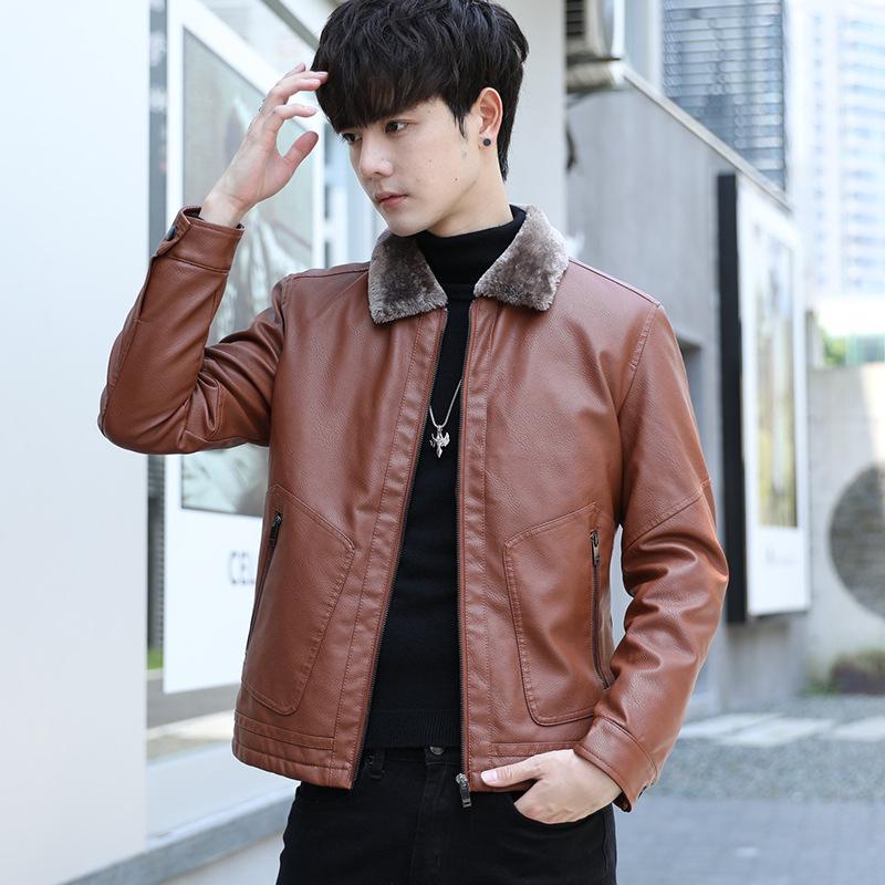 Frühling Neue Herren Lederjacke Plus Samt Verdickung Koreanischer Stil Slim und Hübsch Grüne Lederjacke PU Pelzkragenjacke