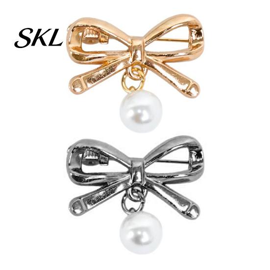 Strong Buckle Brooch Pin, Bow Shape Alloy Lapel Pin with Imitation Pearl, Non-fading Electroplating Anti-Oxidation Badge for Coats Shirts Bags