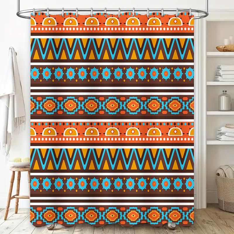 Bright Shower Curtain with Geometric PatternsModern Design for Bathroom Decorations Waterproof Fabric (Blue, Orange Brown)
