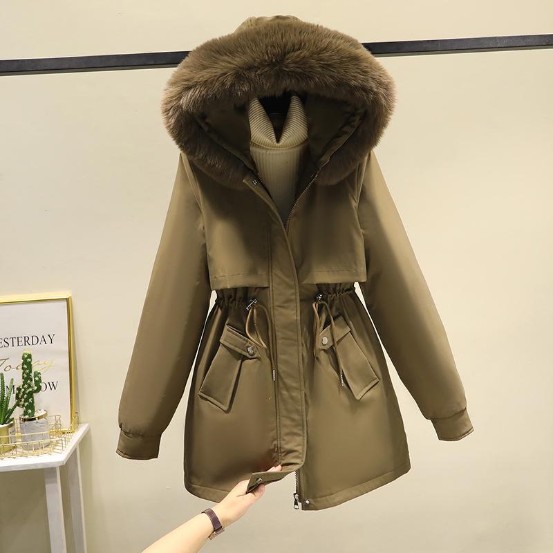 Winter Jackets Women Parka Thicken Warm Jacket Big Fur Collar Hooded Fur Lining Parka Coat Drawstring Slim Clothes