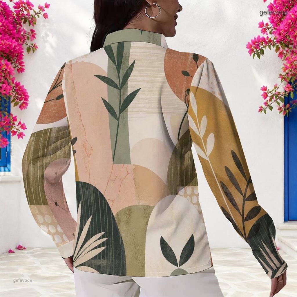 Women Plus Size Long Sleeve Collared Button Front Abstract Geometric Leaf Print Earth Tone Shirt